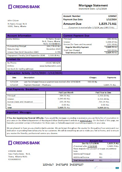 Download Albania Credins bank mortgage statement scr Photoshop template